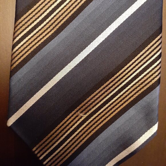 Stefano Conti Silk Tie Mens Dark Blue White Tan Stripes - Picture 2 of 4